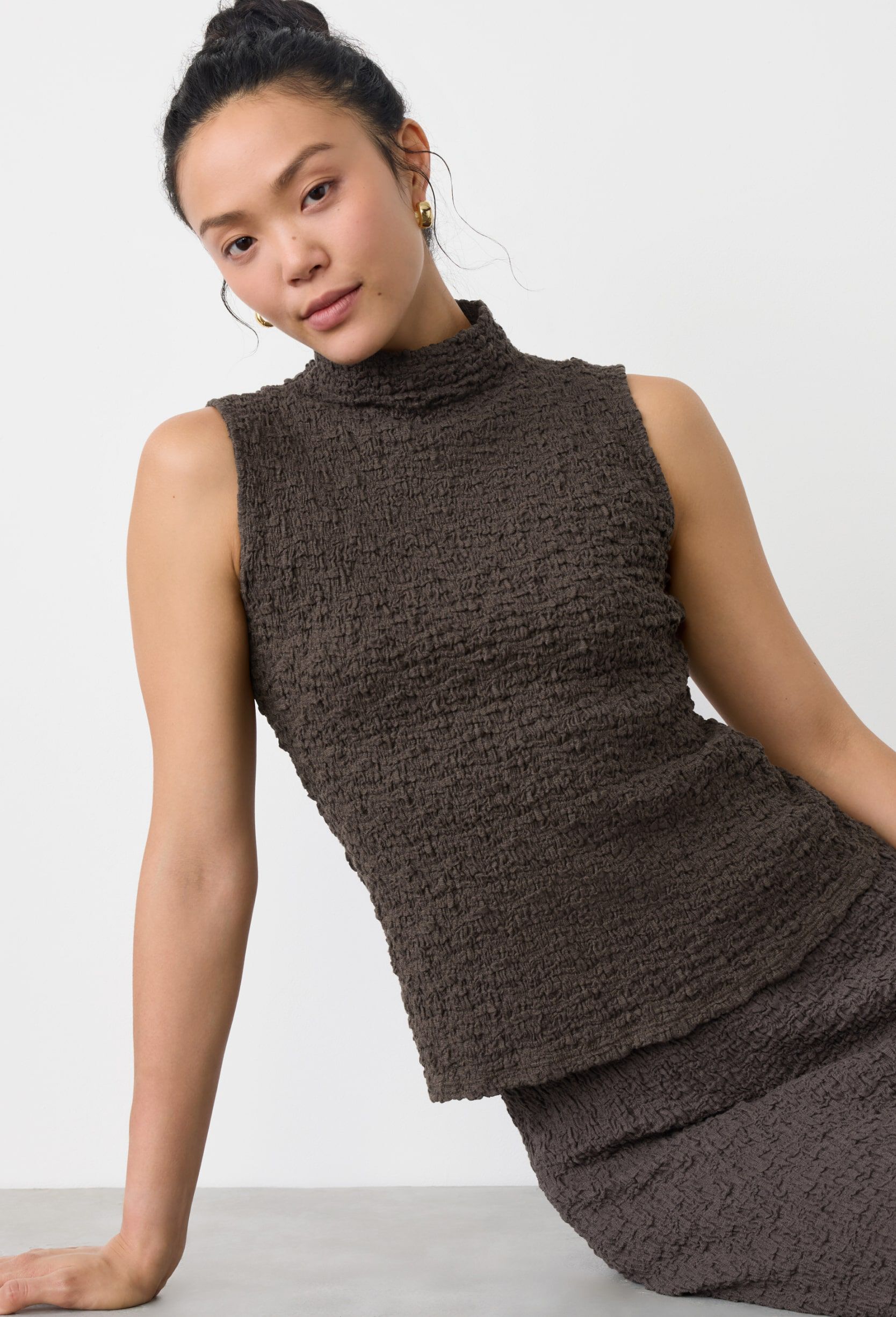 Bubble Jacquard Funnel Neck Top and Pencil Skirt