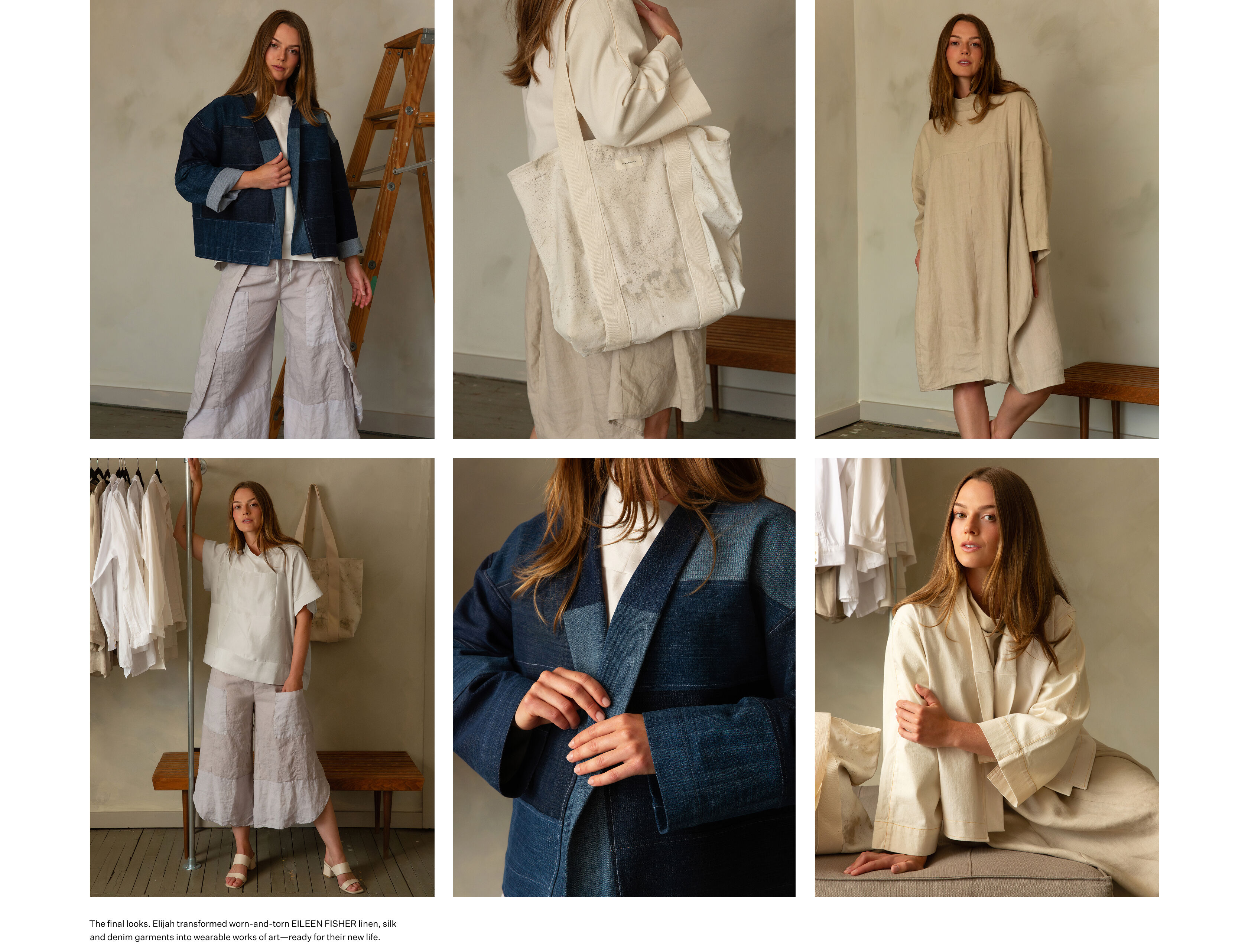A woman models two upcycled looks. Outfit 1: an upcycled denim jacket, a silk mock neck top, and a Japanese-style gardening pant. Outfit 2: a white denim jacket, beige linen bubble dress, and white denim splatter paint tote.