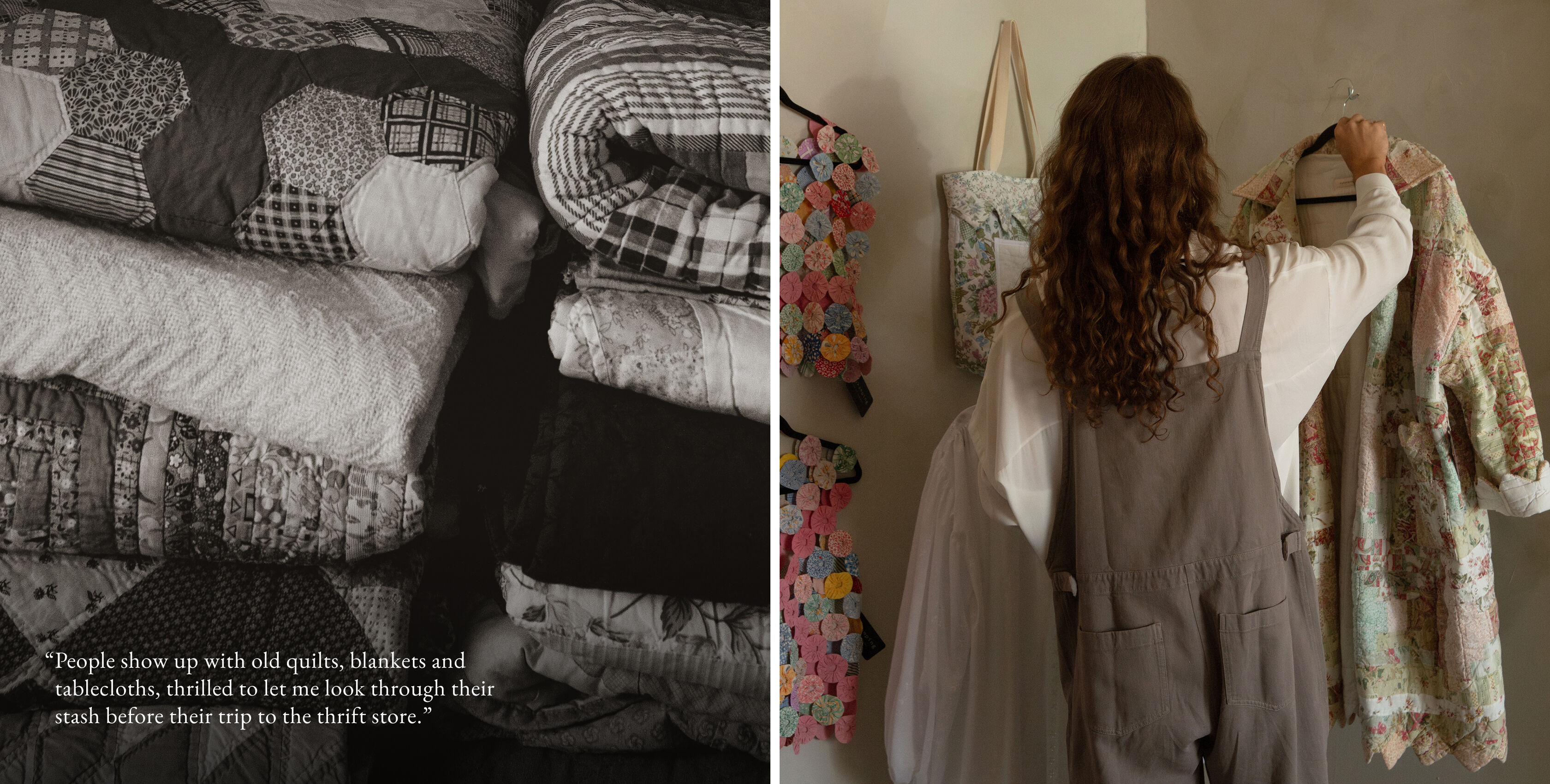 Elijah Nykamp hangs up pieces in his store: an oversized coat and tote bags made from patchwork quilts.