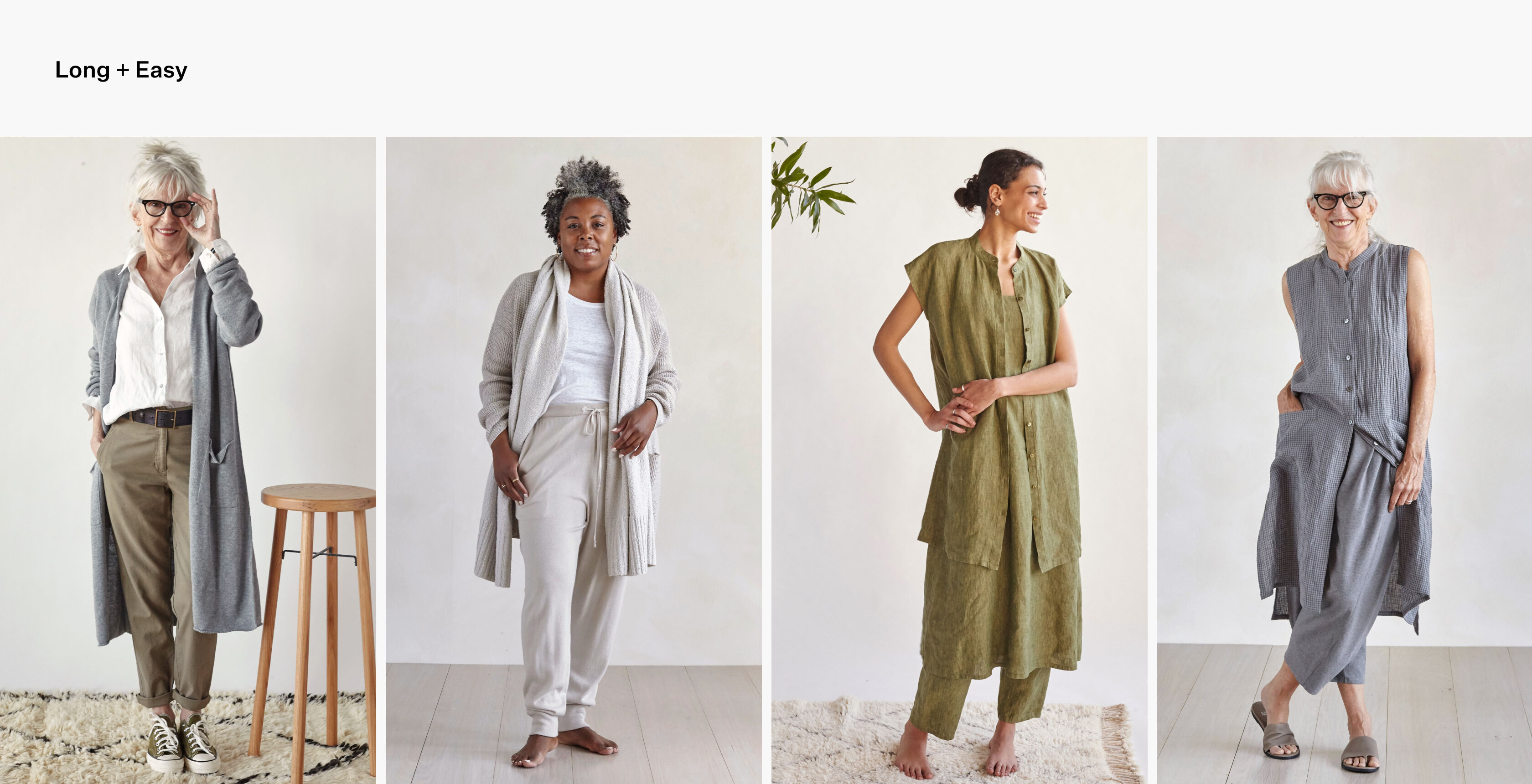 Women wearing long layers over easy bottoms. Women wearing long layers over easy bottoms.