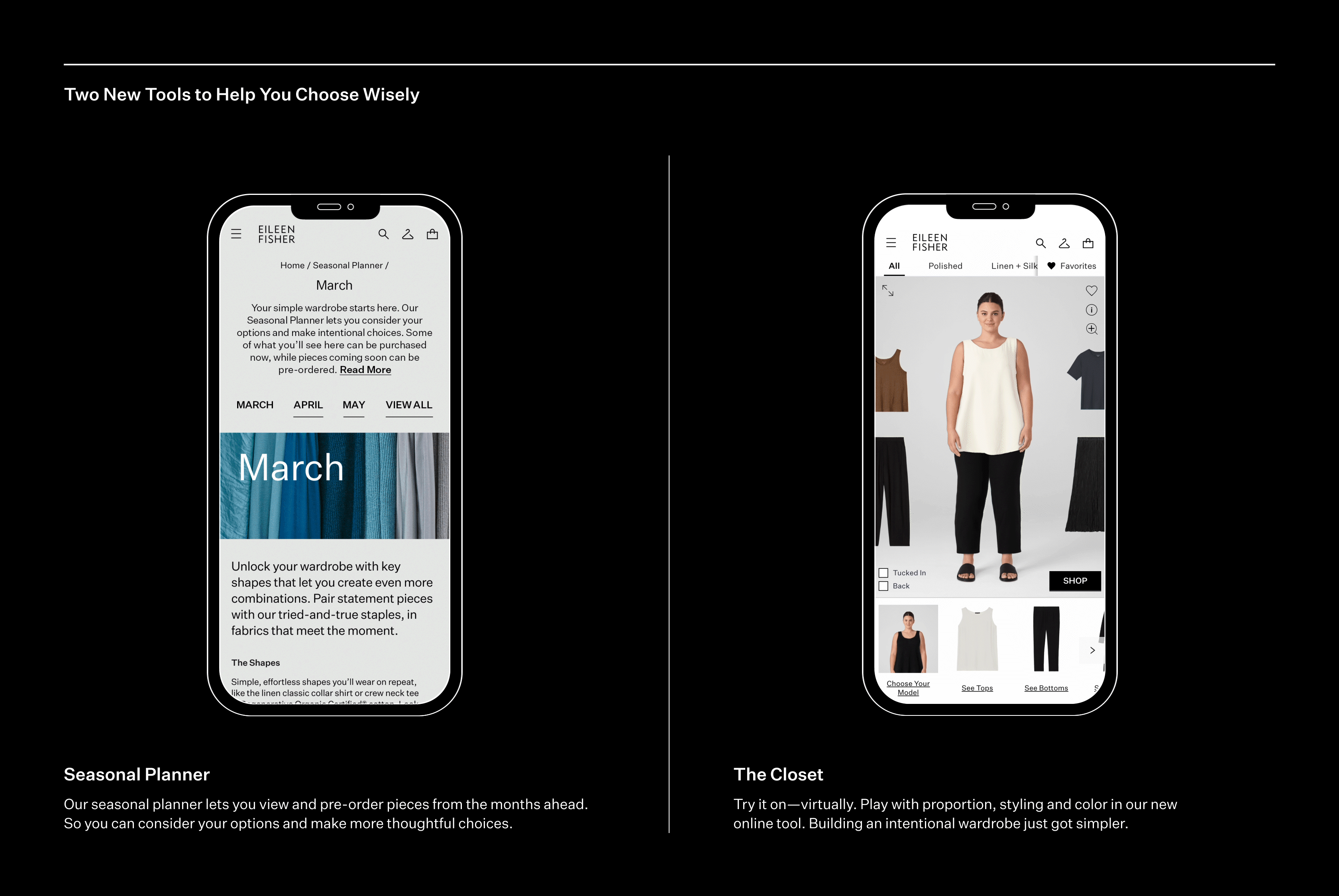 Animated Image of phone screens showing online tools to build an intentional wardrobe. Animated Image of phone screens showing online tools to build an intentional wardrobe.