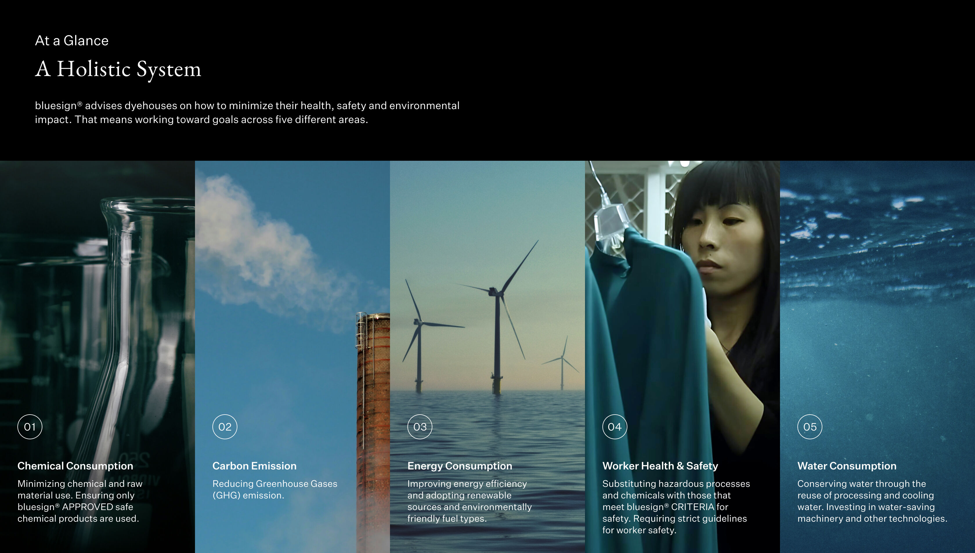 Infographic on how bluesign minimizes health, safety and environmental impact. Infographic on how bluesign minimizes health, safety and environmental impact.