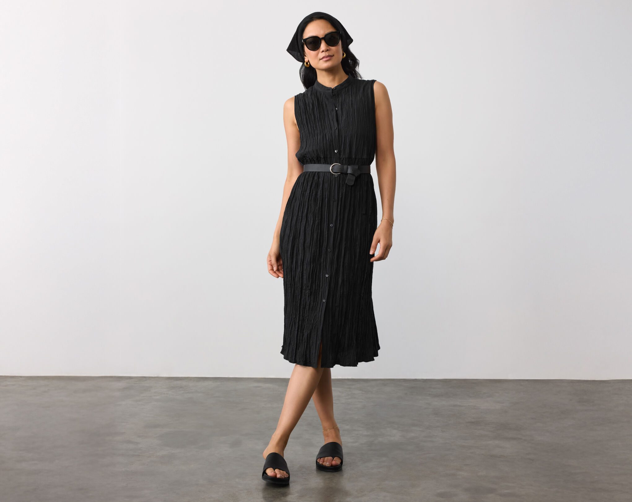 Crinkle Silk Habutai Band Collar Dress