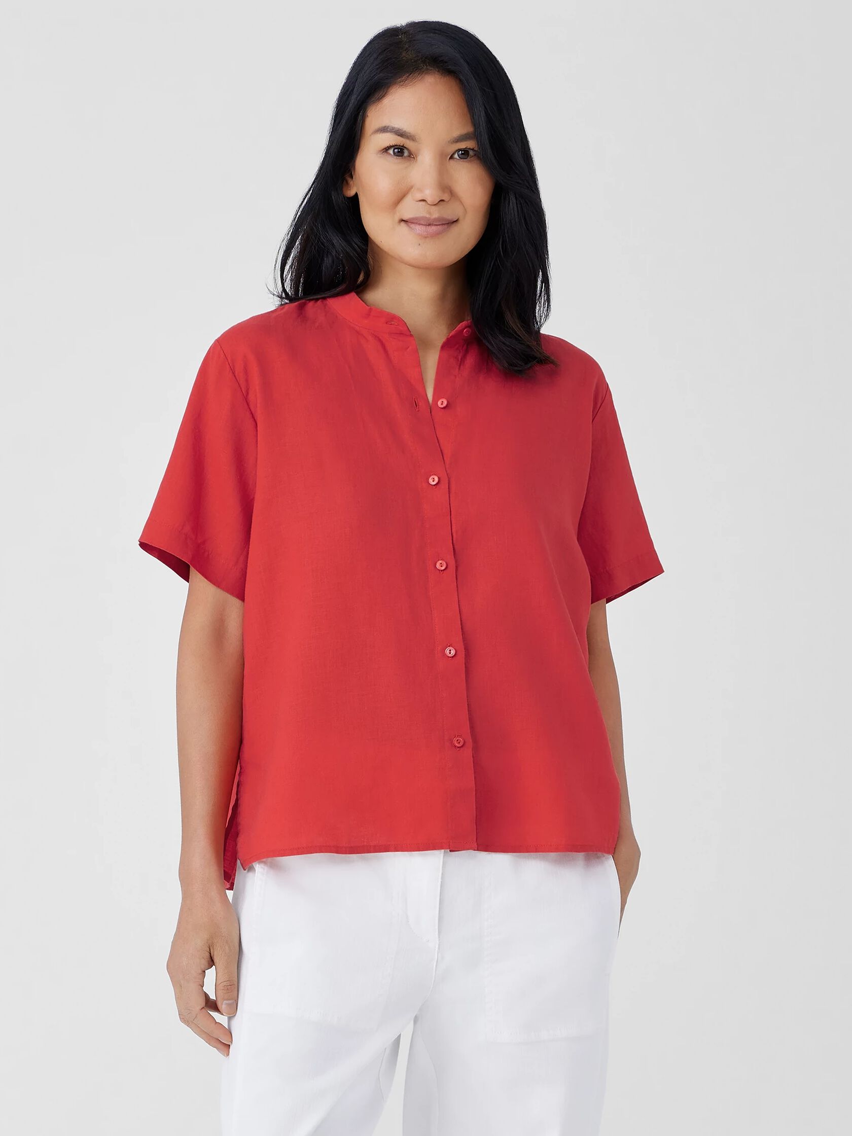 Organic Handkerchief Linen Band Collar Short-Sleeve Shirt