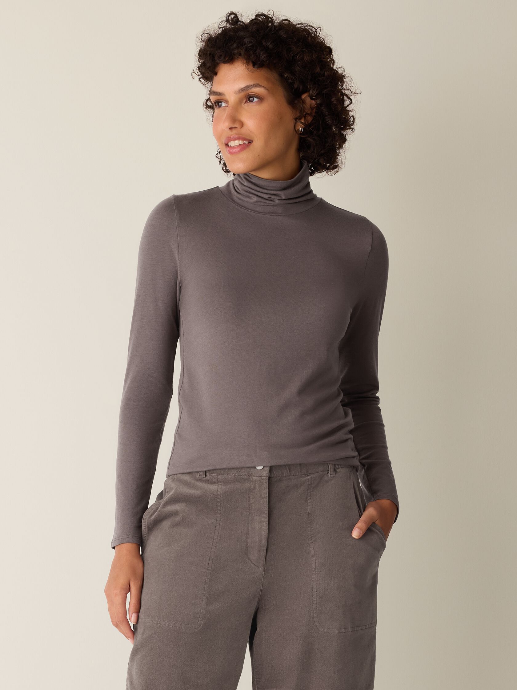 Sheer Cotton Blend Knit Turtleneck Top