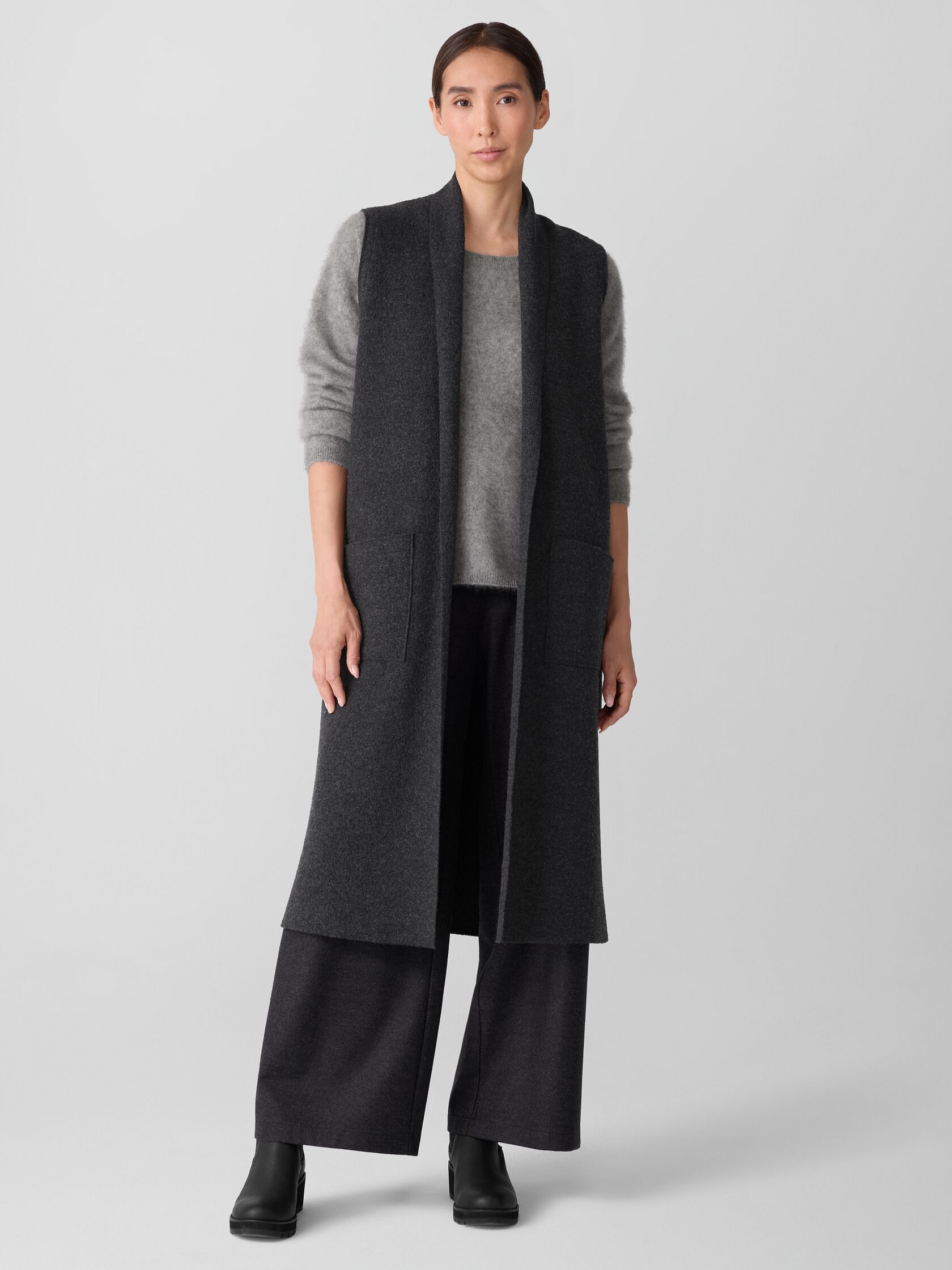 Lightweight Boiled Wool Shawl Collar Vest in Regenerative Wool