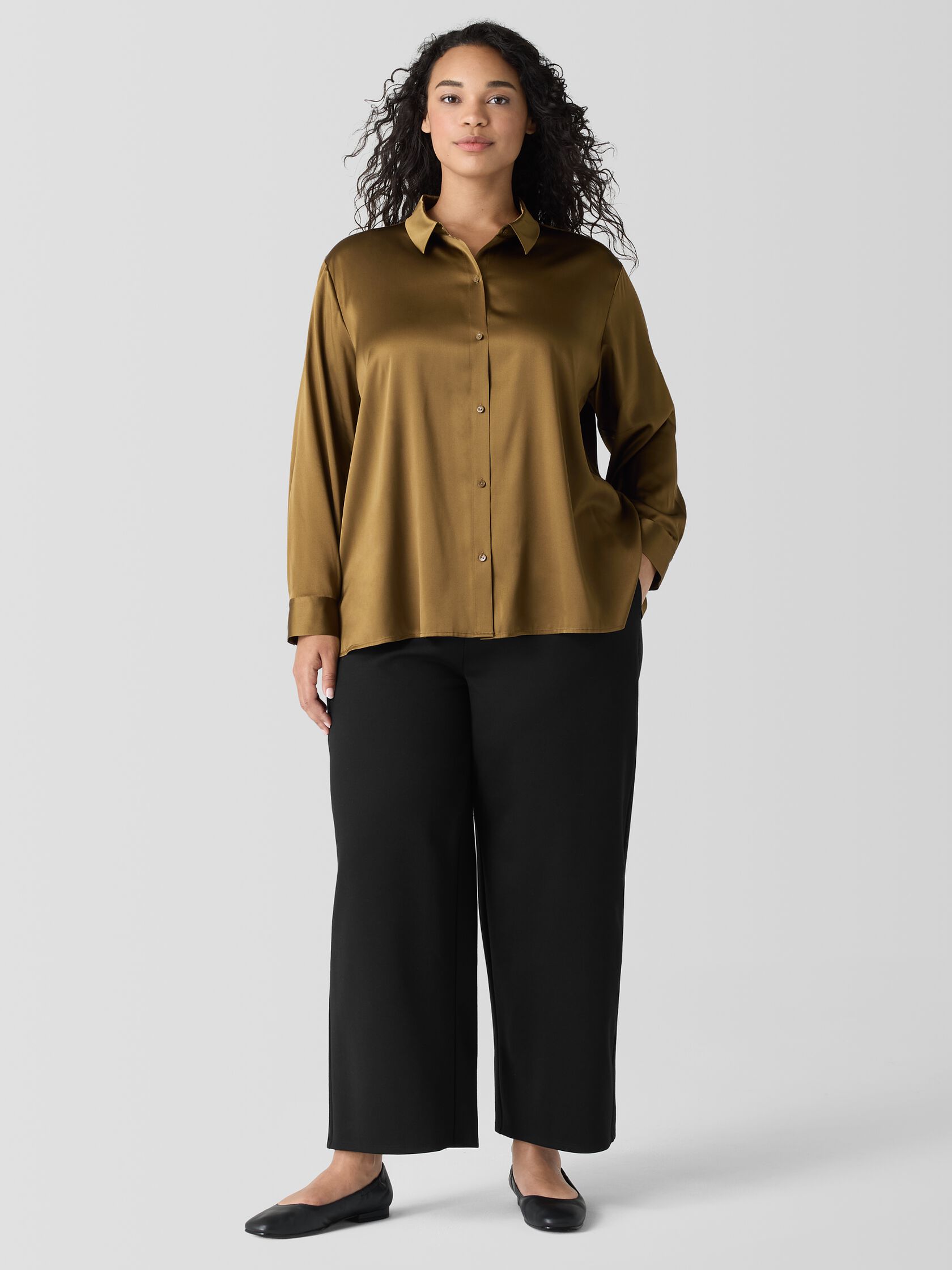 Stretch Silk Charmeuse Classic Collar Shirt