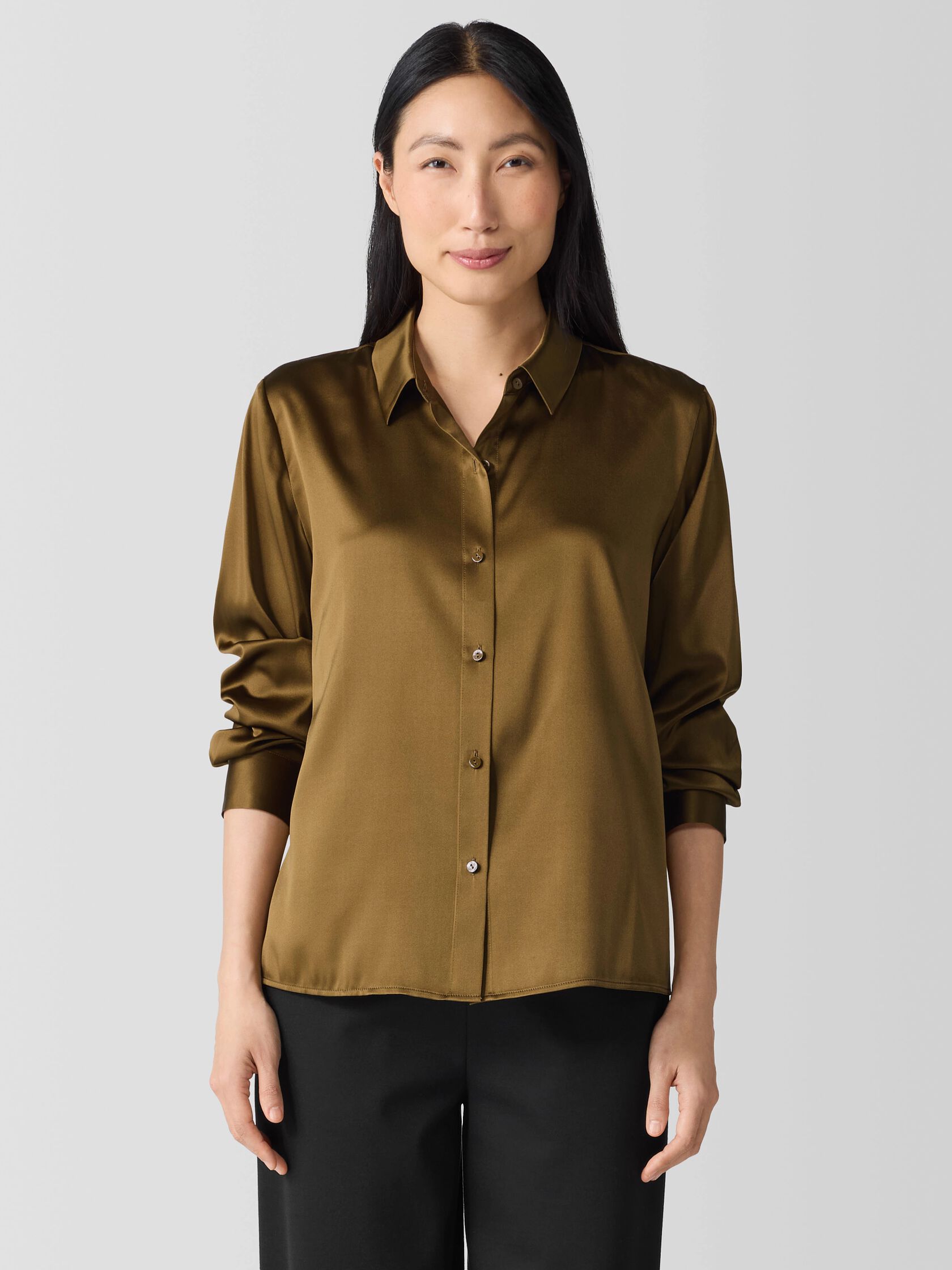 Stretch Silk Charmeuse Classic Collar Shirt