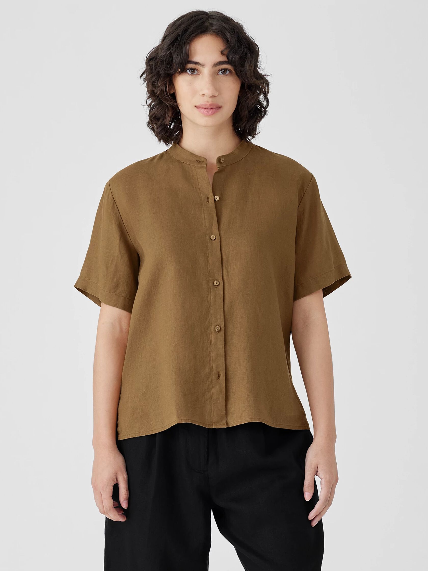 Organic Handkerchief Linen Band Collar Short-Sleeve Shirt