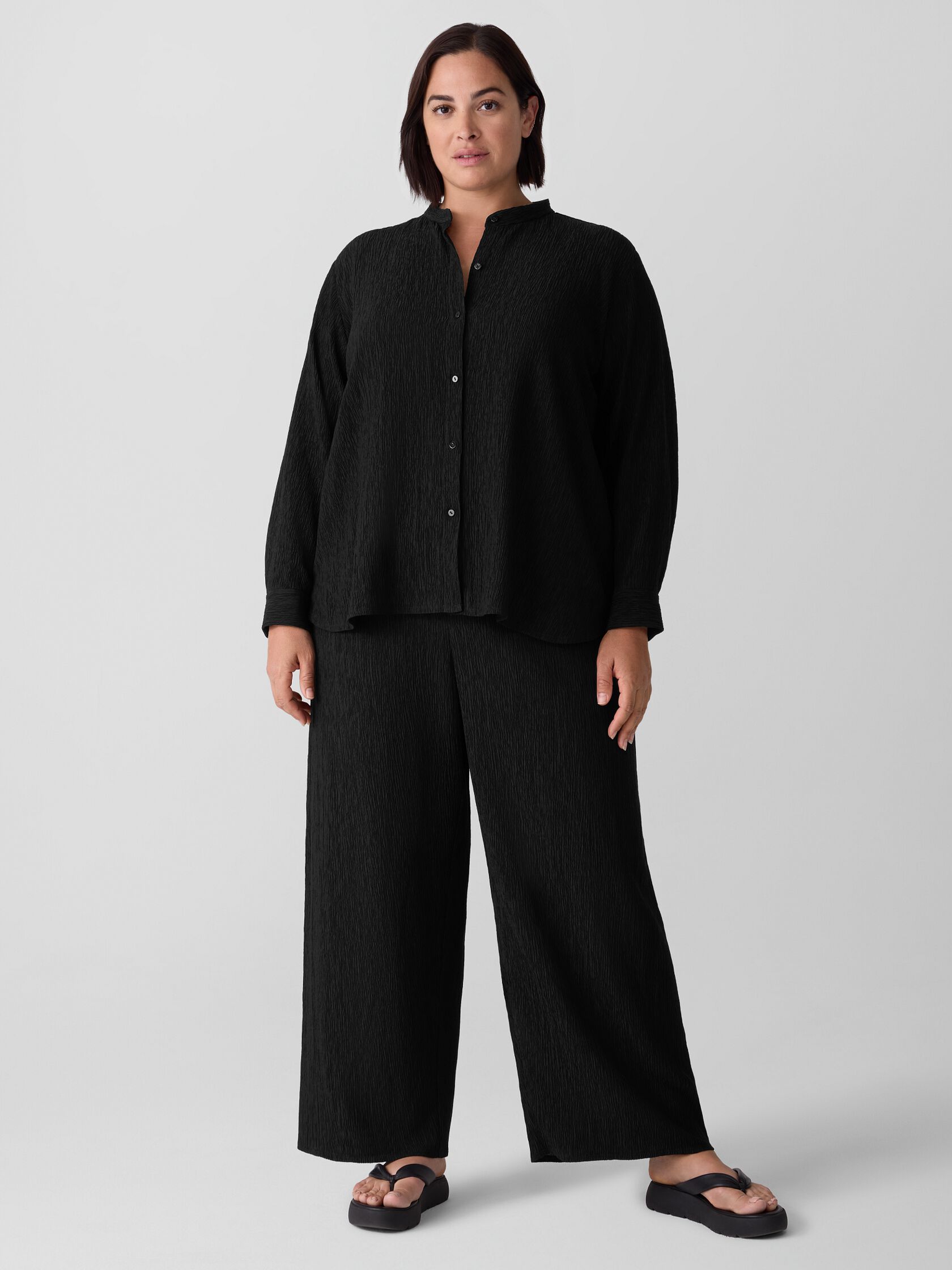 Woven Plissé Band Collar Shirt