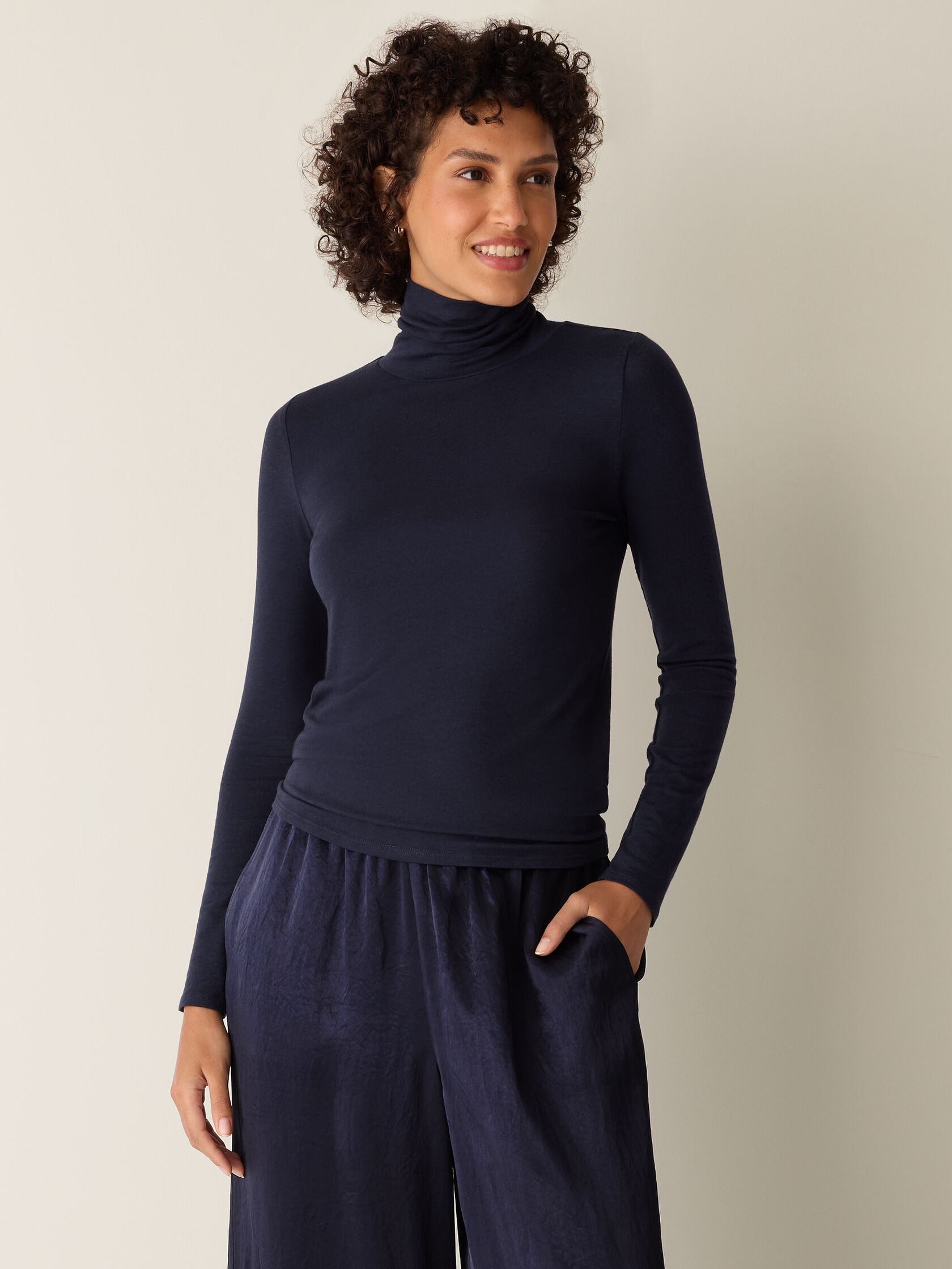 Sheer Cotton Blend Knit Turtleneck Top