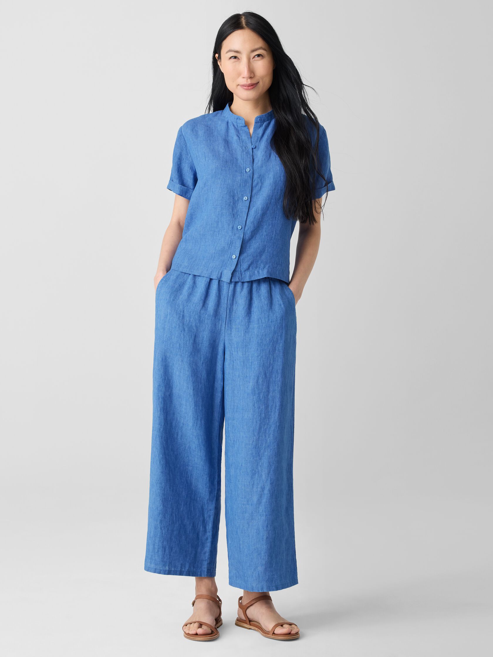 Washed Organic Linen Délavé Band Collar Shirt