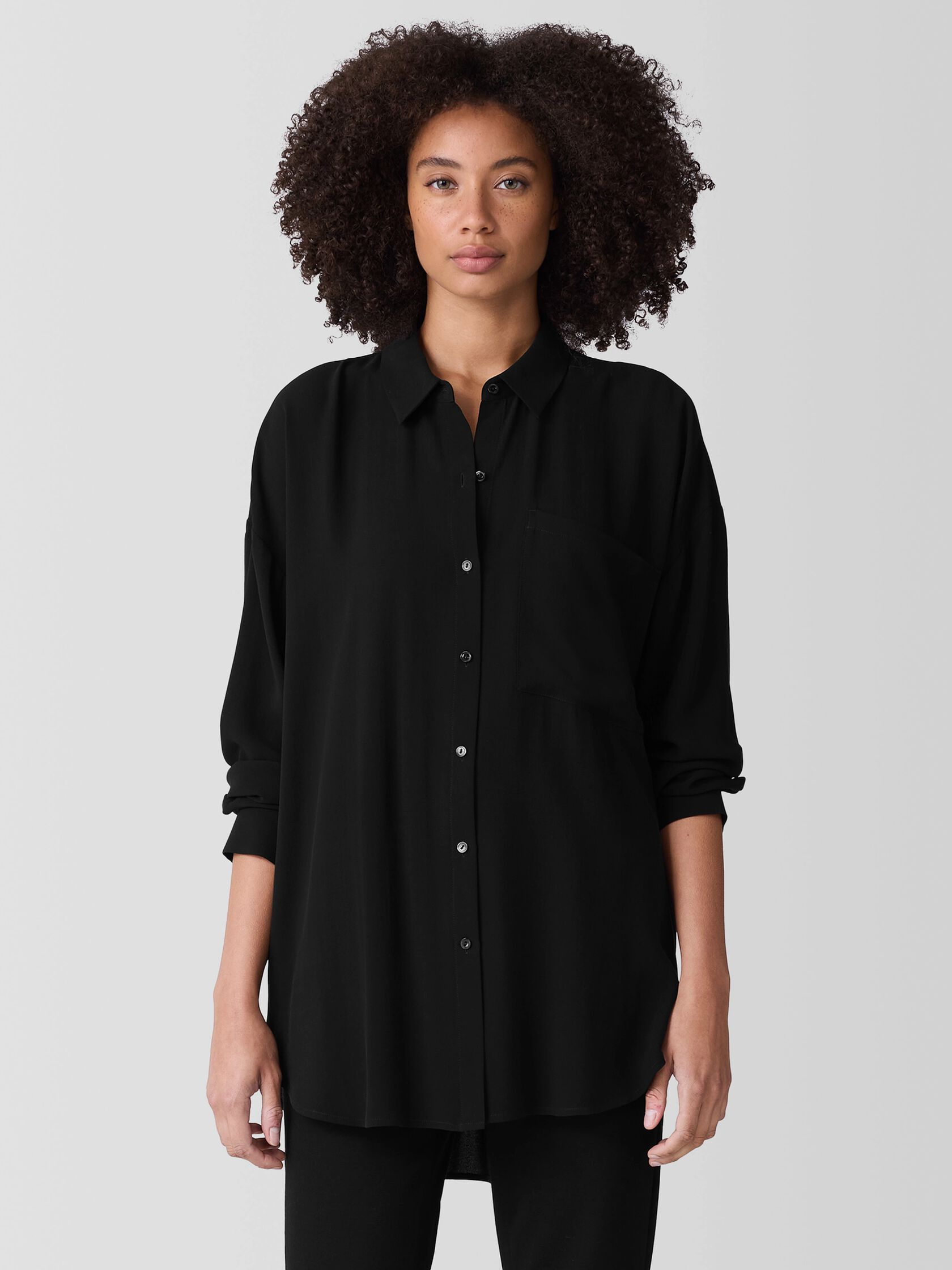 Silk Georgette Crepe Classic Collar Long Shirt