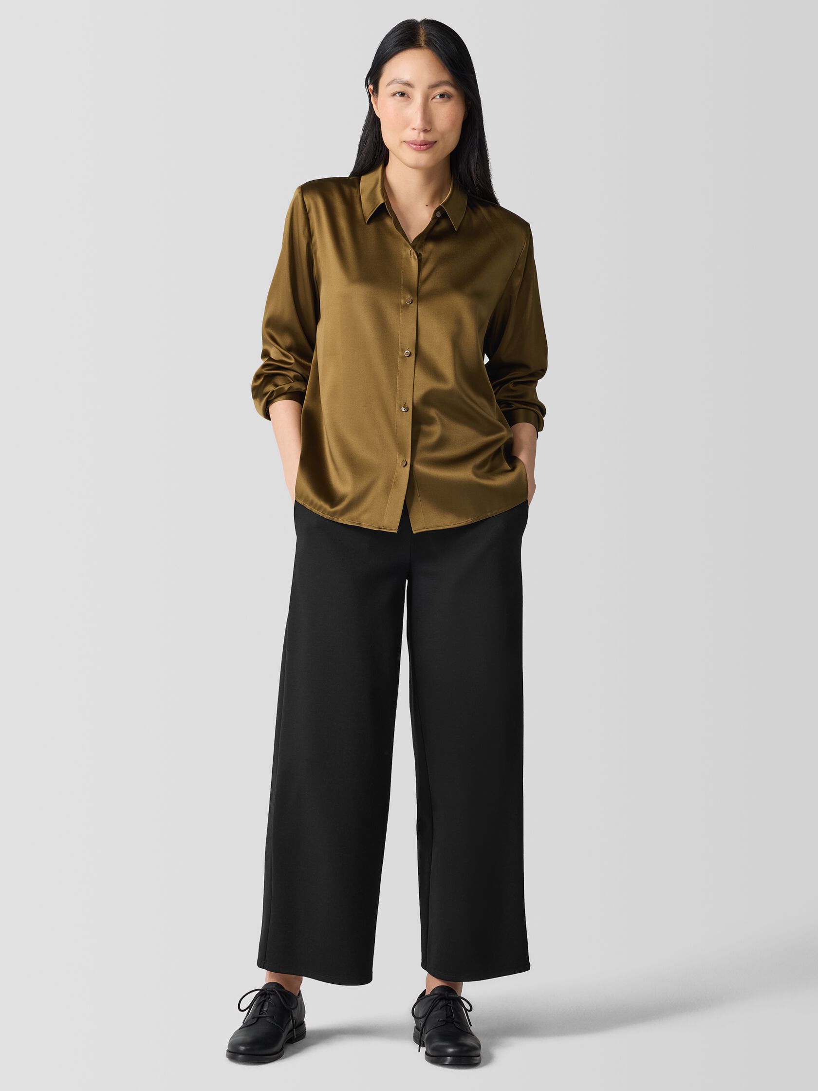 Stretch Silk Charmeuse Classic Collar Shirt