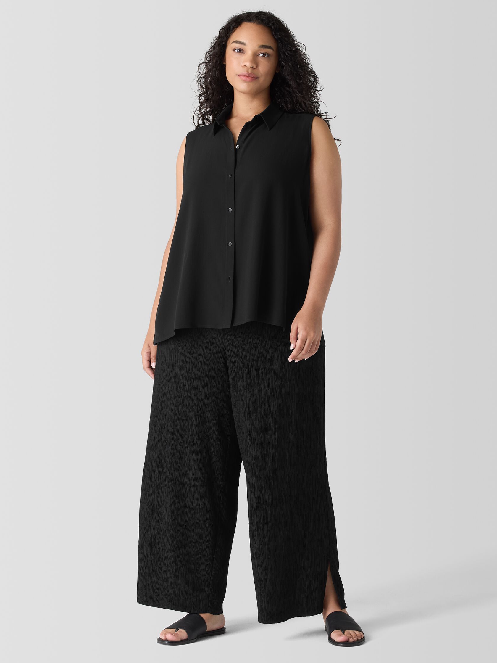 Silk Georgette Crepe Classic Collar Sleeveless Shirt