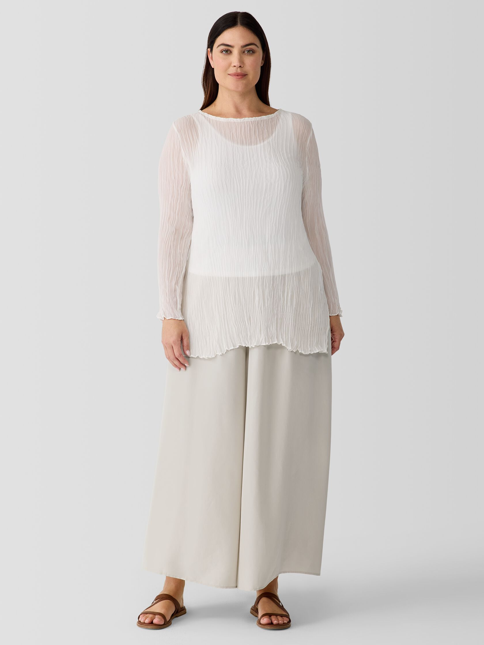 Crinkled Sheer Silk Georgette Bateau Neck Long Top