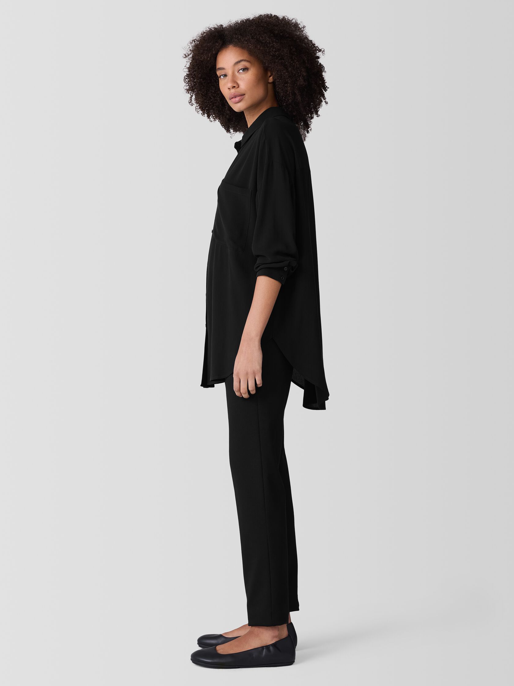Silk Georgette Crepe Classic Collar Long Shirt