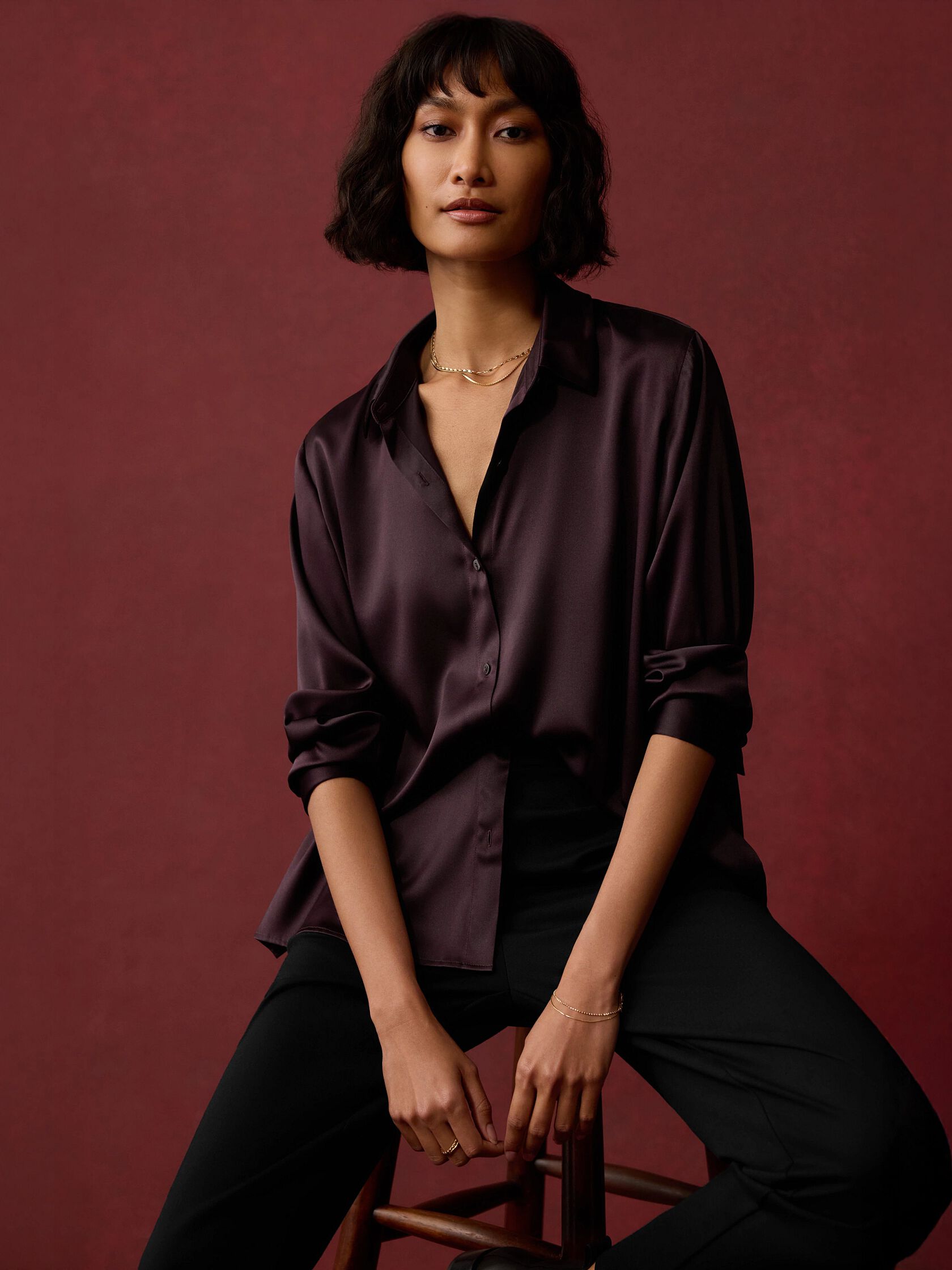Stretch Silk Charmeuse Classic Collar Shirt