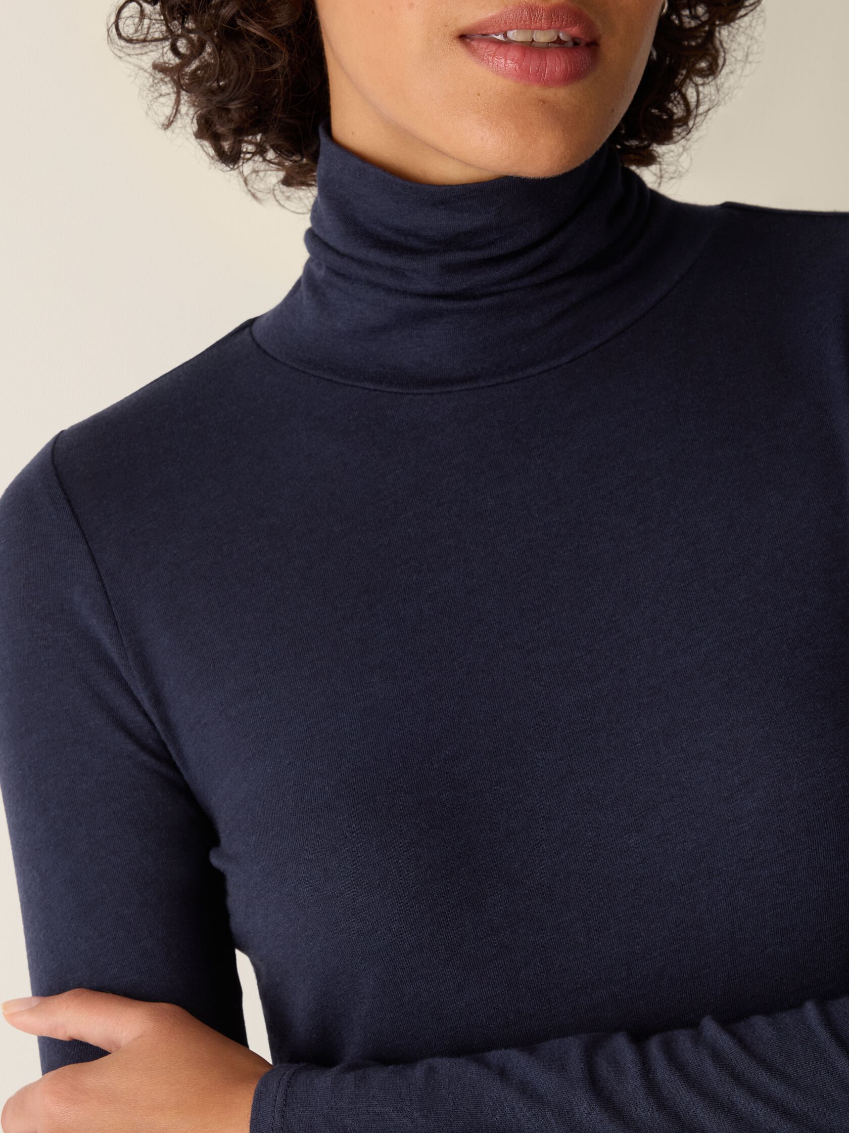 Sheer Cotton Blend Knit Turtleneck Top