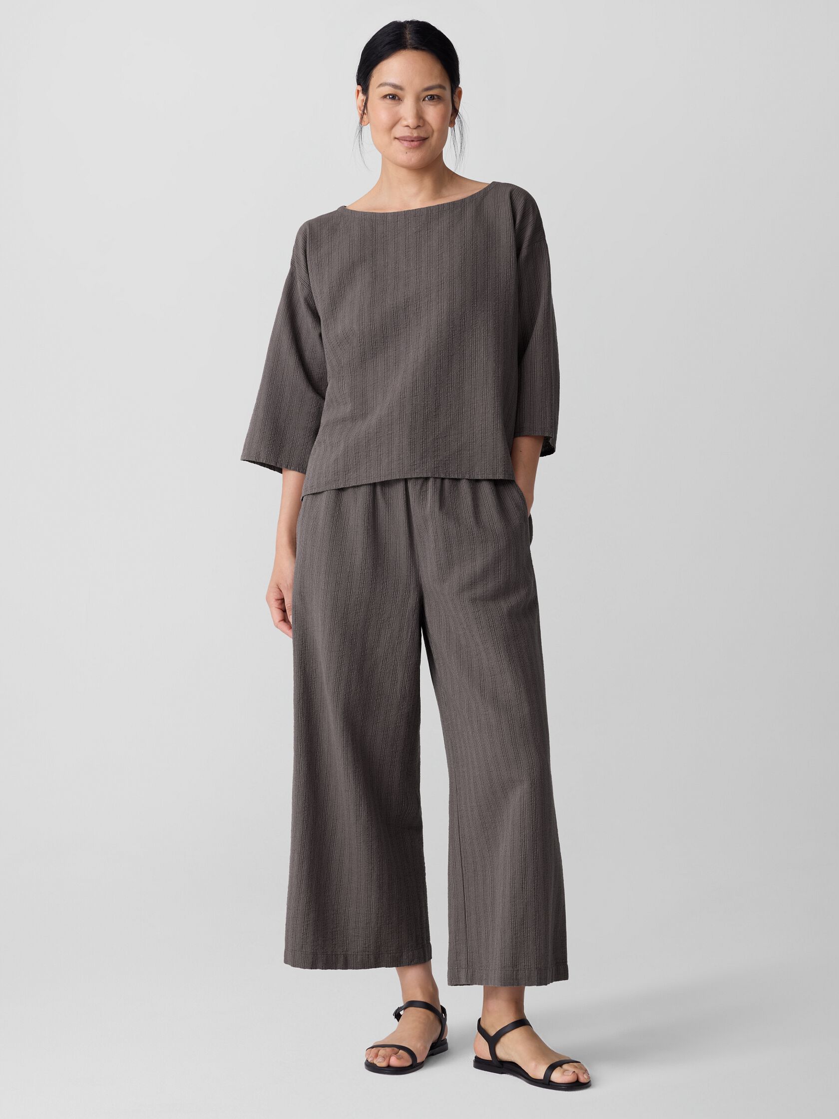 Cotton Blend Stripe Stitch Wide-Leg Pant