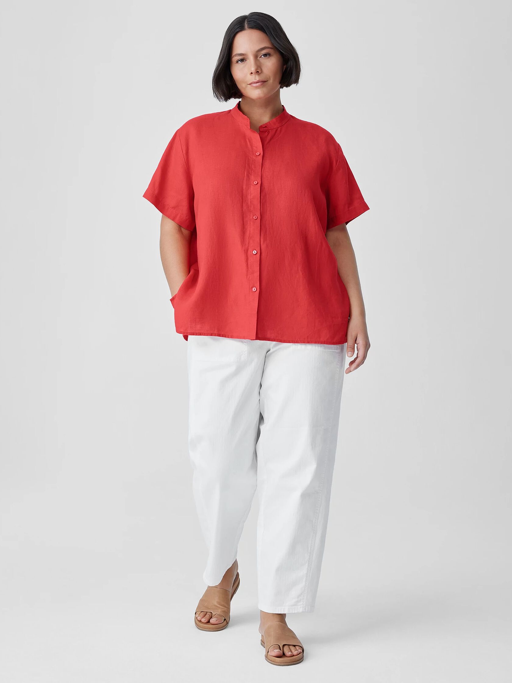 Organic Handkerchief Linen Band Collar Short-Sleeve Shirt