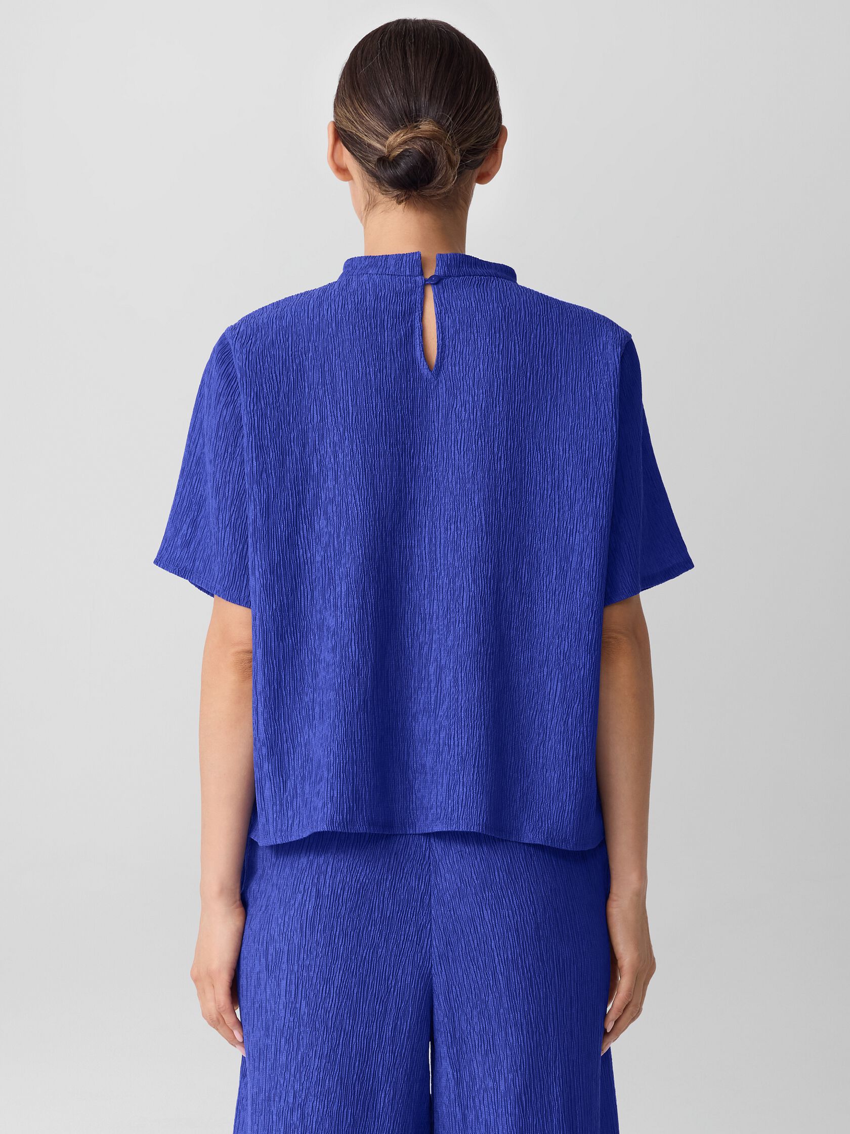 Woven Plissé Mock Neck Top