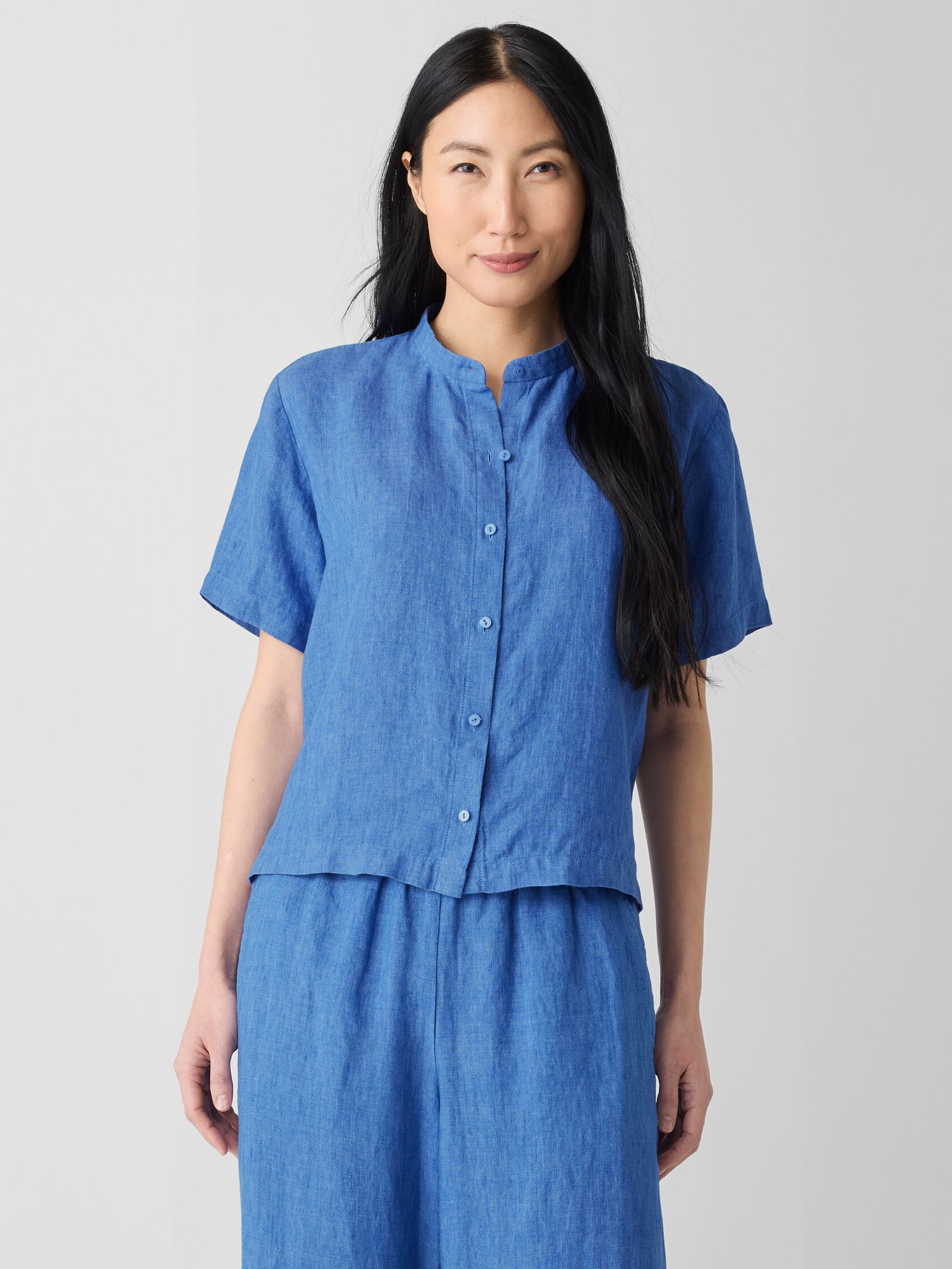 Washed Organic Linen Délavé Band Collar Shirt