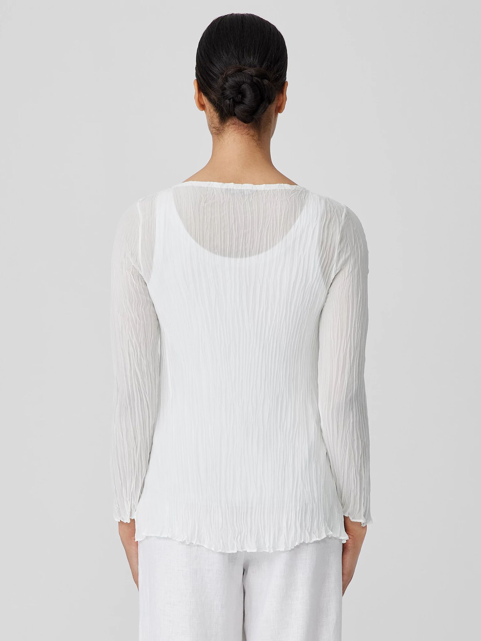 Crinkled Sheer Silk Georgette Bateau Neck Long Top