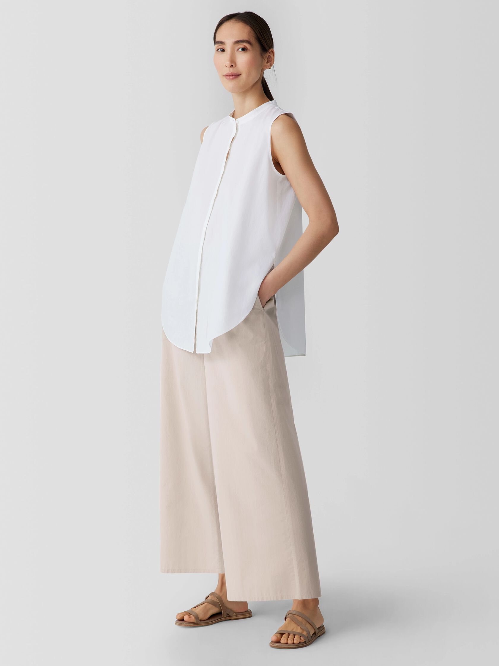 Washed Organic Cotton Poplin Band Collar Shirt