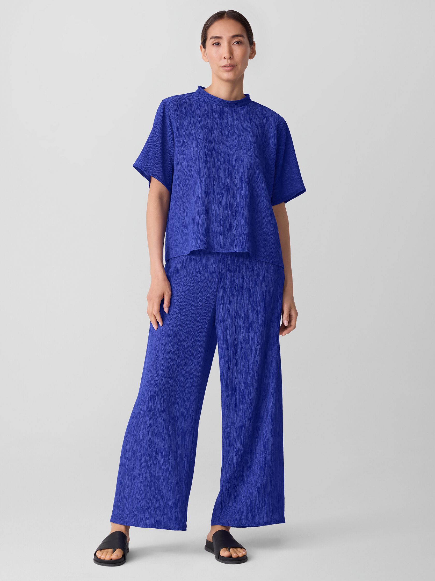 Woven Plissé Mock Neck Top