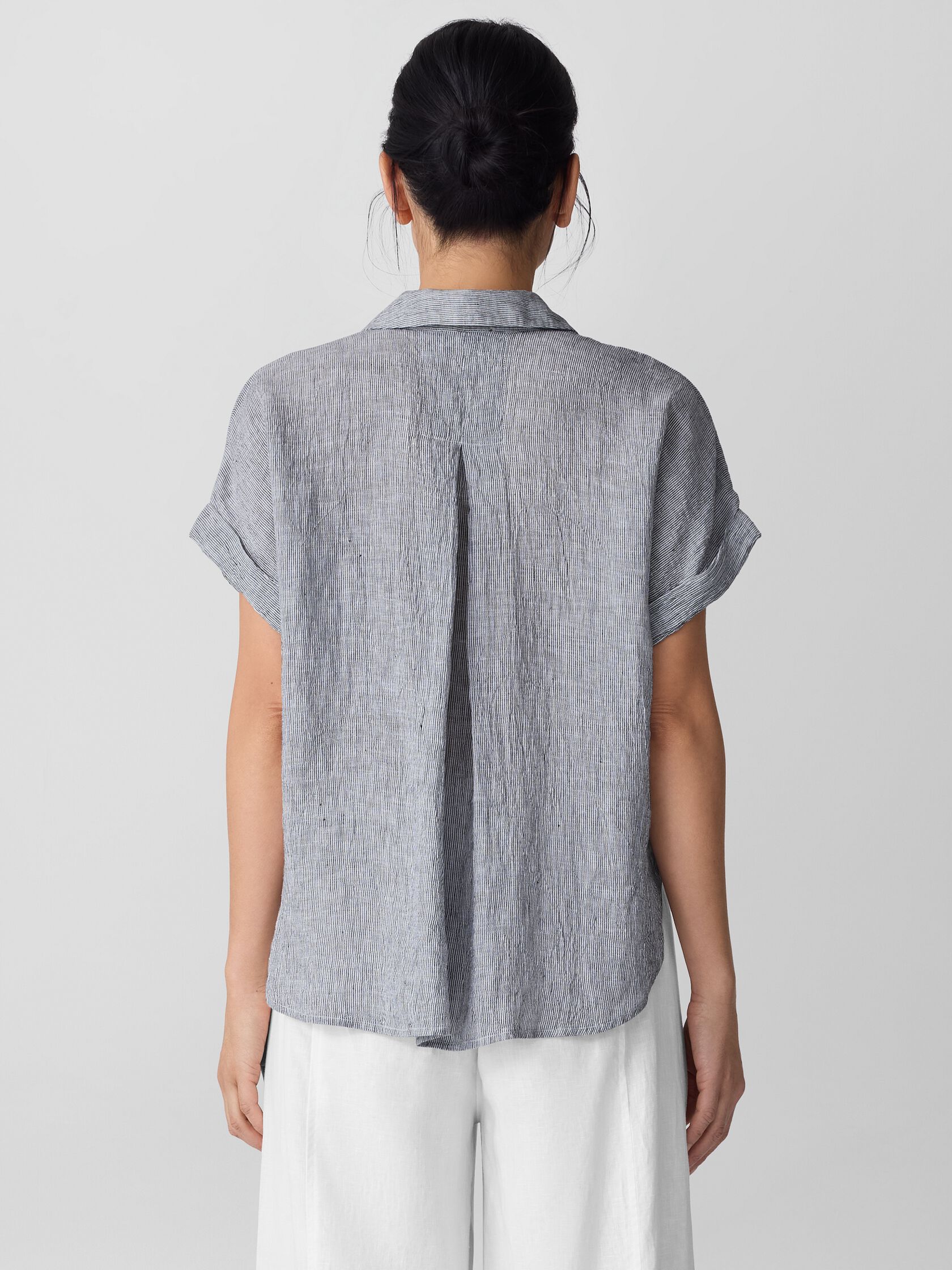 Puckered Organic Linen Stripe Notch Collar Top