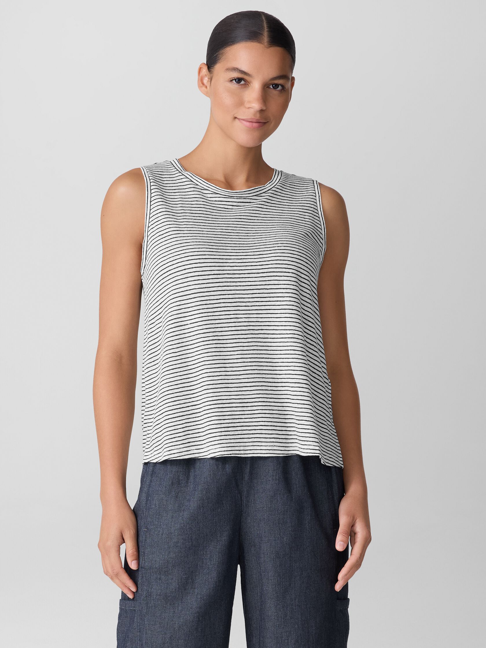 Striped Organic Linen Jersey Crew Neck Tank