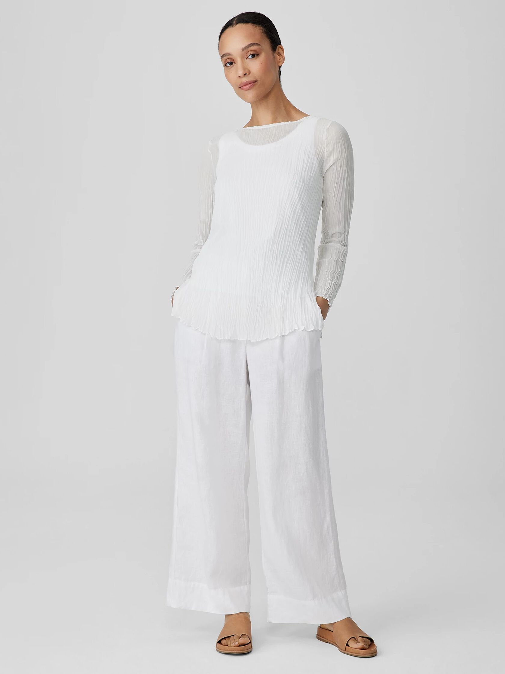Crinkled Sheer Silk Georgette Bateau Neck Long Top
