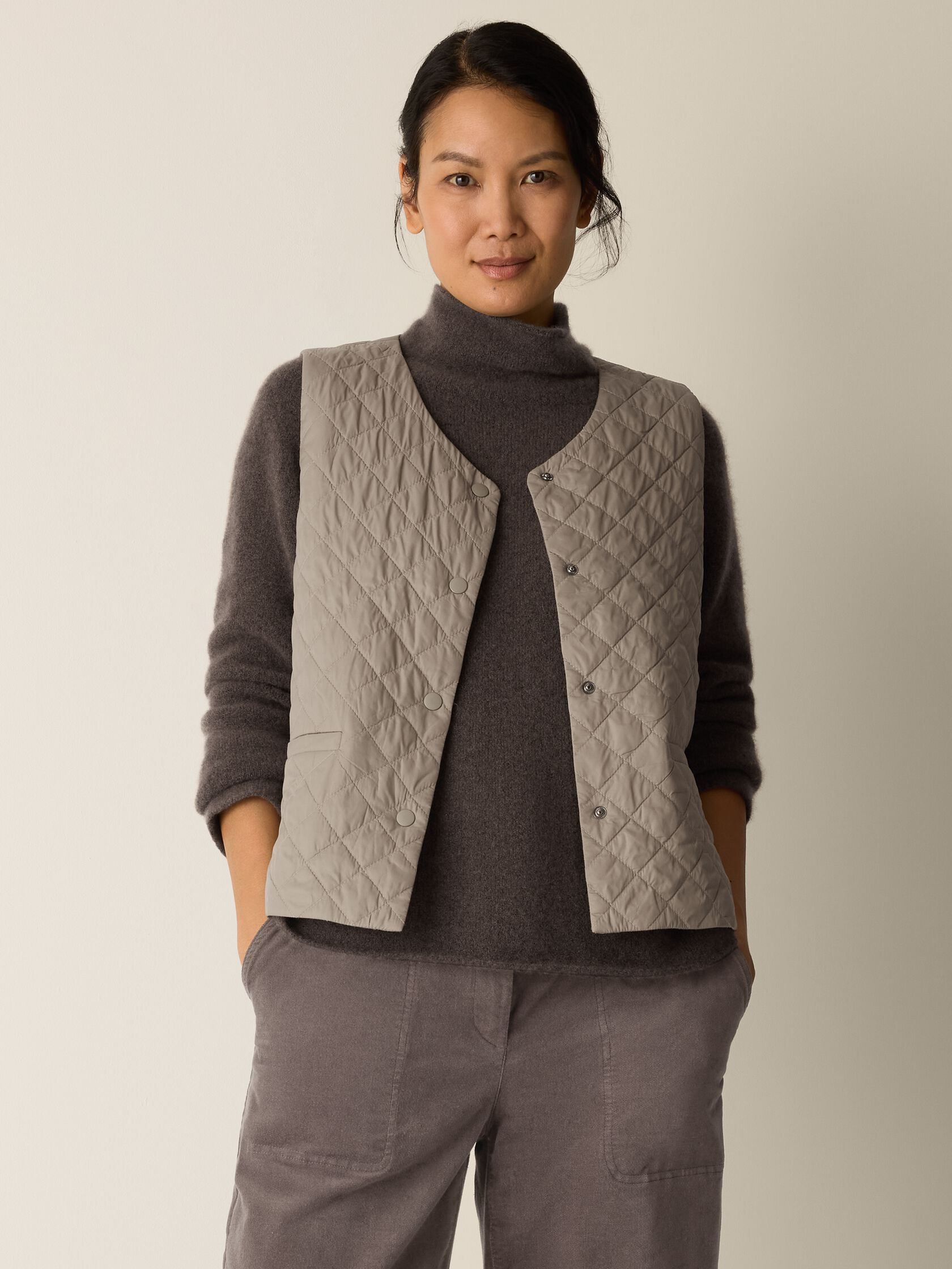 Eggshell Recycled Nylon Quilted V-Neck Vest