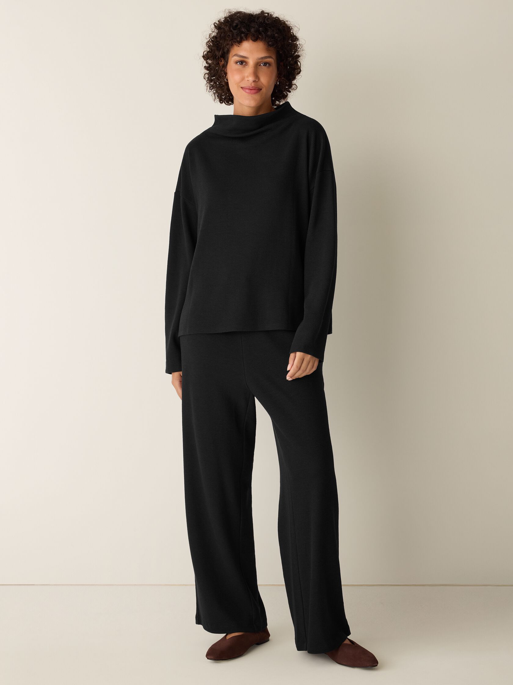 Waffle Cotton Blend Doubleknit Funnel Neck Box-Top