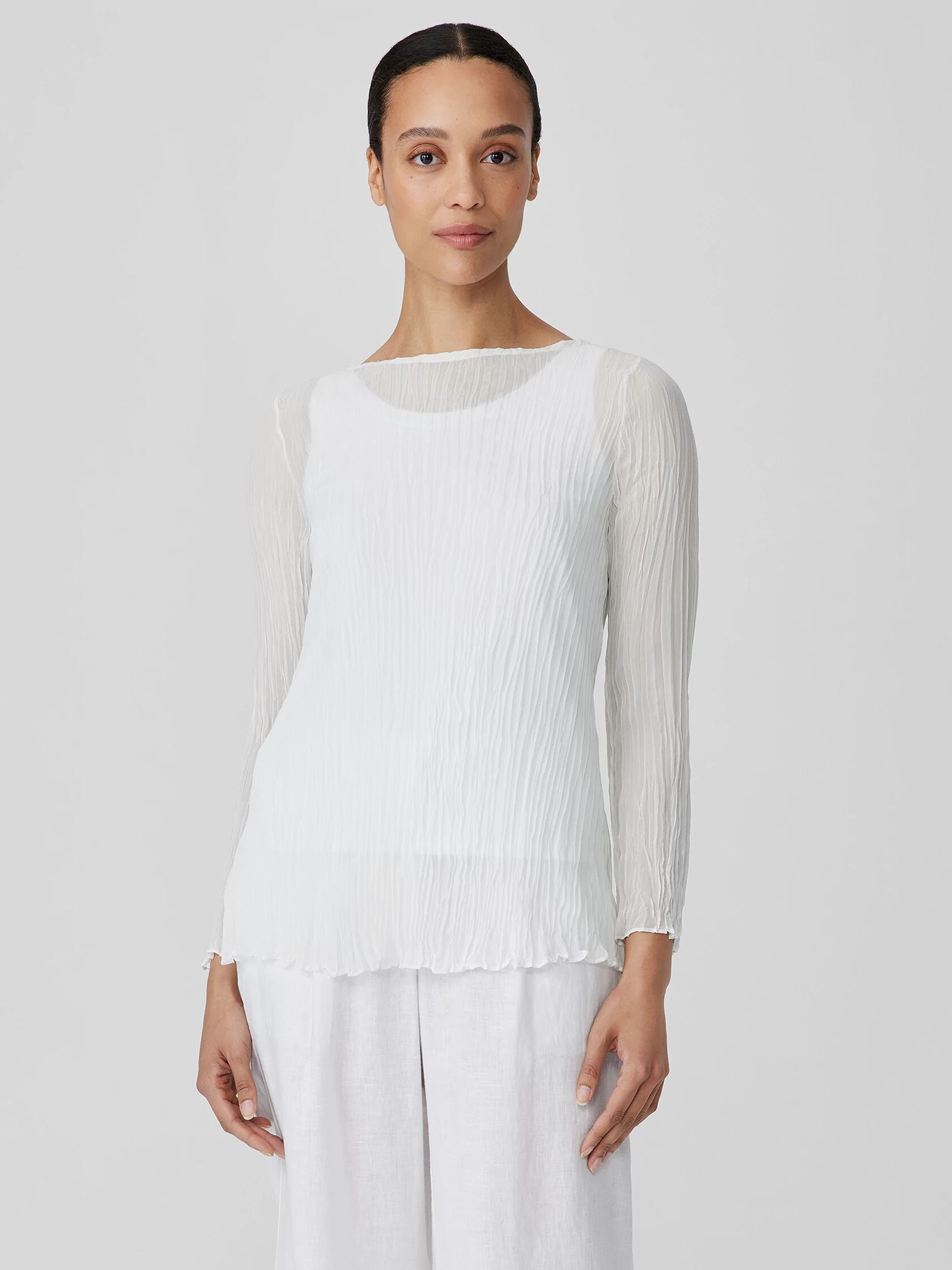 Crinkled Sheer Silk Georgette Bateau Neck Long Top